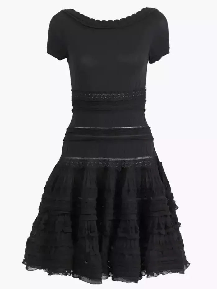 Knit Paneled Ruffled Flared Mini Dress - Small / Black - Dresses