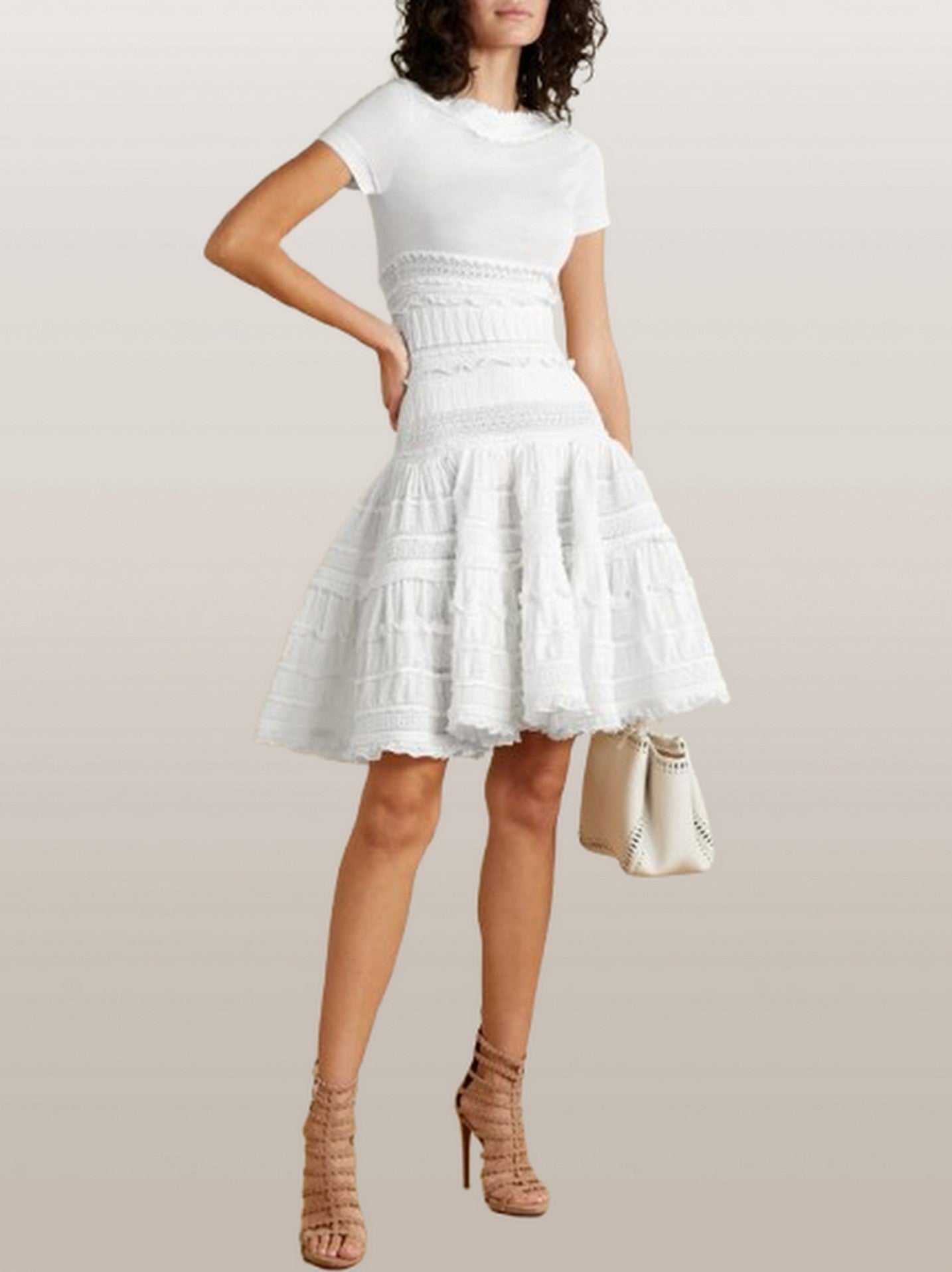 Knit Paneled Ruffled Flared Mini Dress - Small / White - Dresses