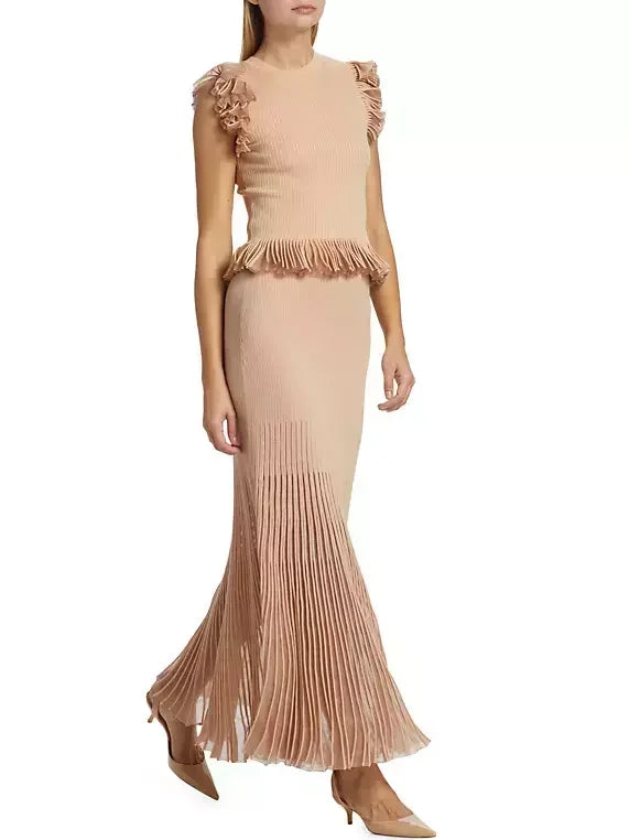 Beige Knit Ruffled Glitter Lurex Detail Dress with Brown Handbag in Skirt Set