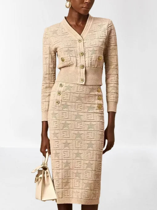 Knit Star and Monogram Motif Cardigan and Skirt Set - Suits & Sets