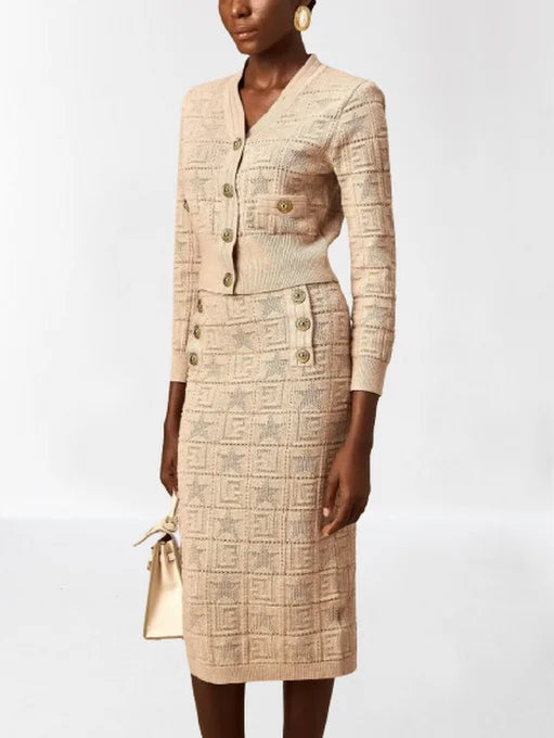 Knit Star and Monogram Motif Cardigan and Skirt Set - Suits & Sets