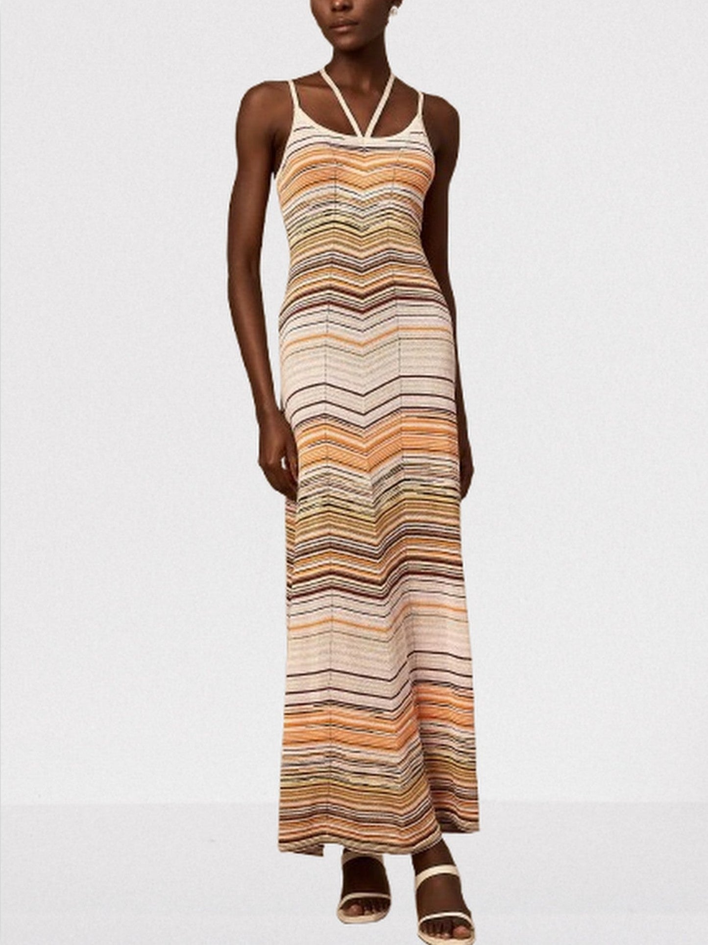 Knit Striped Multicolor Halterneck Dress - Dresses