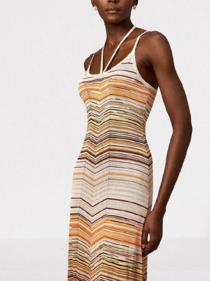 Knit Striped Multicolor Halterneck Dress - Dresses