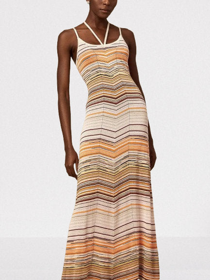 Knit Striped Multicolor Halterneck Dress - Dresses