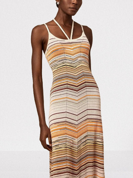Knit Striped Multicolor Halterneck Dress - Dresses