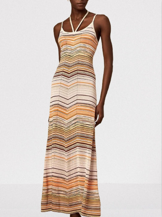 Knit Striped Multicolor Halterneck Dress - Dresses