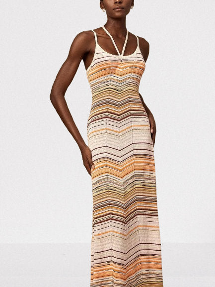 Knit Striped Multicolor Halterneck Dress - Dresses