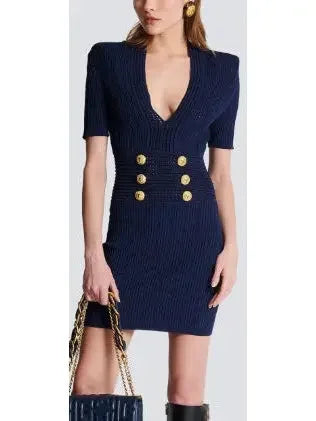 Knit Structured V-Neck Dress - Dresses