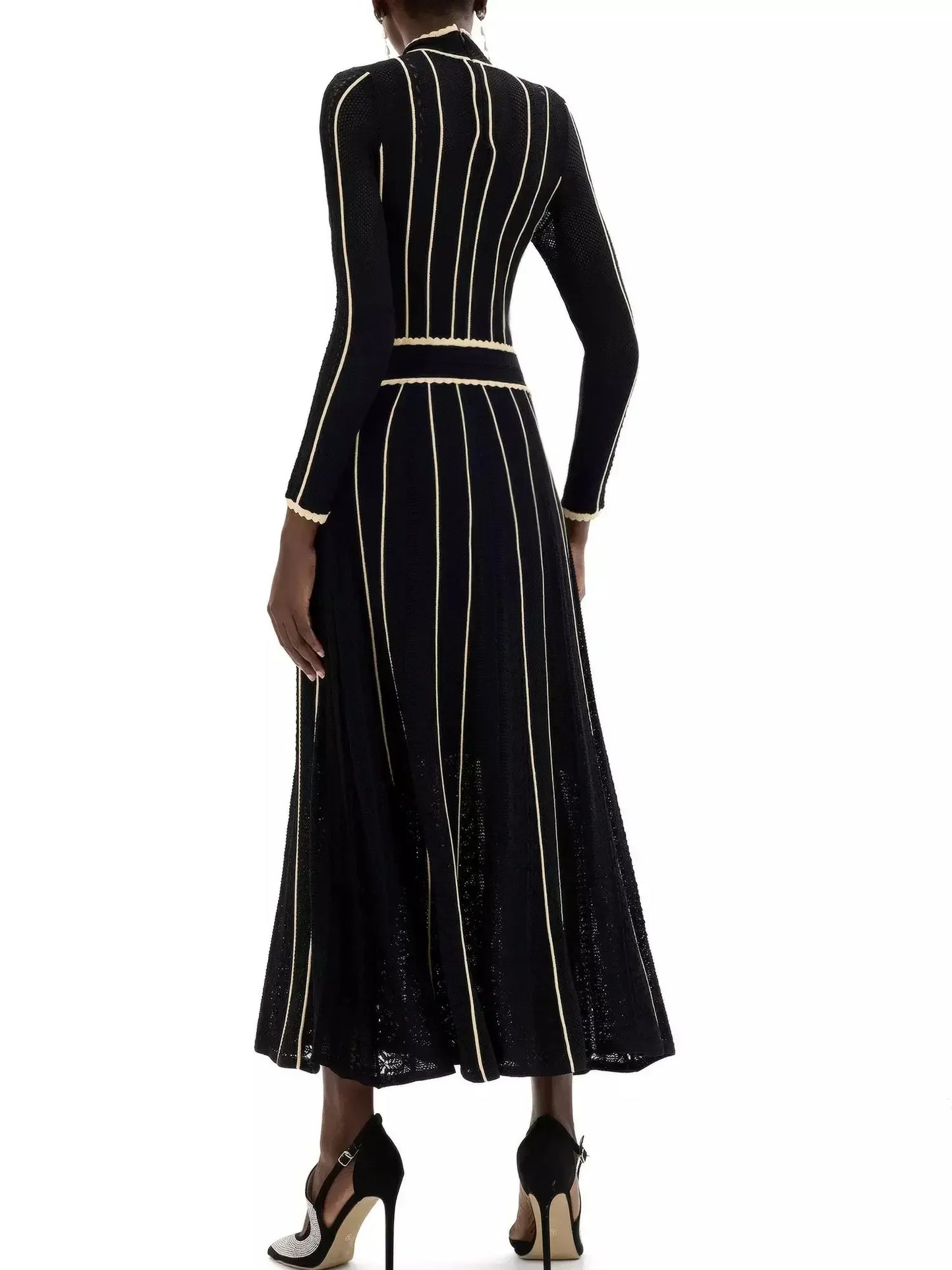 Knit Two-Toned Stripe High-Neck Midi Dress - Dresses