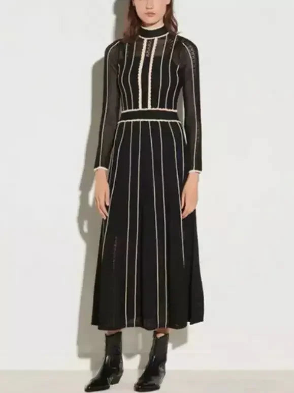 Knit Two-Toned Stripe High-Neck Midi Dress - Dresses