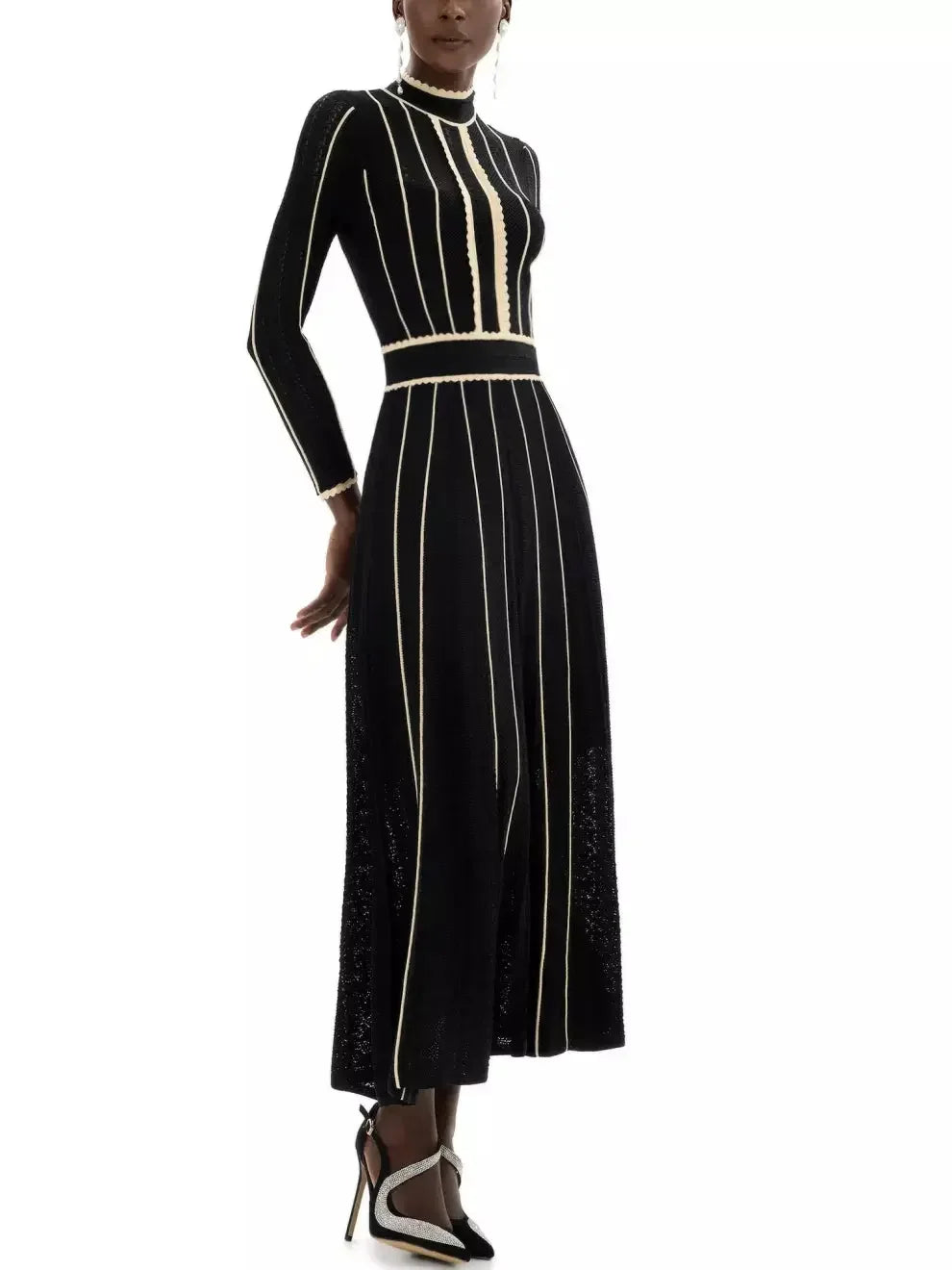 Knit Two-Toned Stripe High-Neck Midi Dress - Dresses