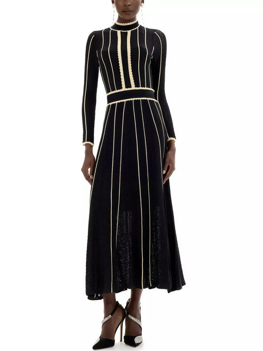 Knit Two-Toned Stripe High-Neck Midi Dress - Dresses