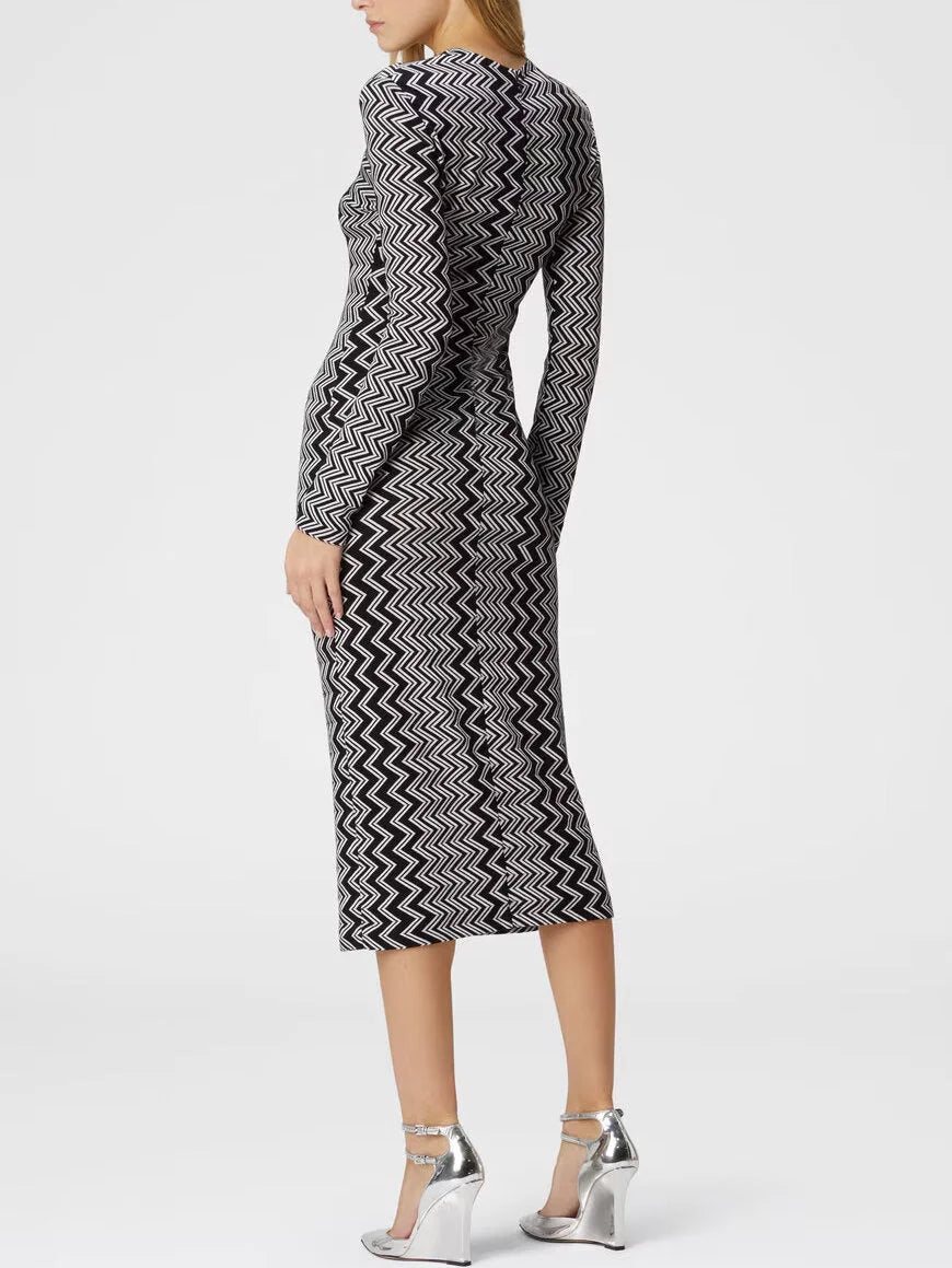 Knit Zig Zag Black and White Long Sleeve Stretch Midi Dress - Dresses
