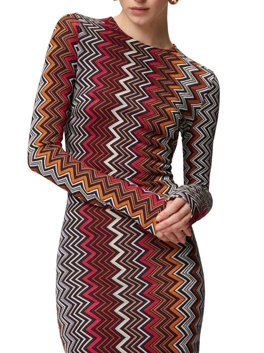 Knit Zig Zag Multicolored Long Sleeve Stretch Midi Dress - Dresses
