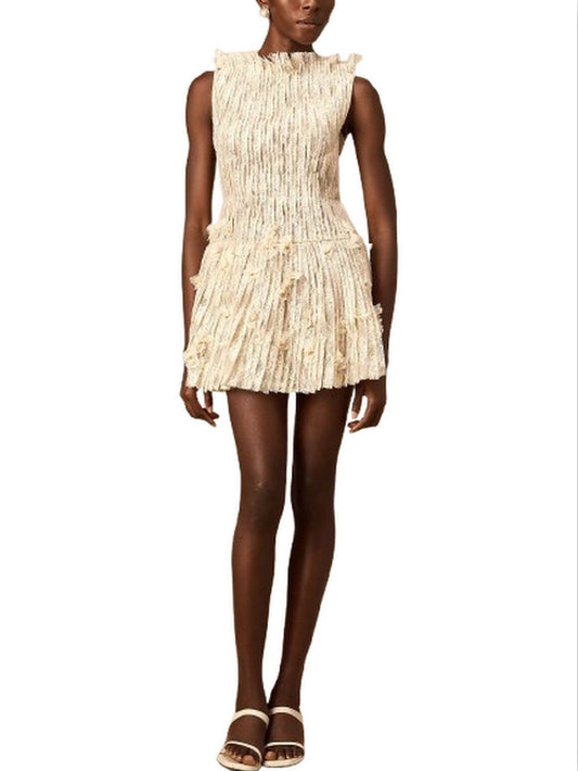 Lace and Mesh A-Line Mini Dress in Light Beige - Dresses