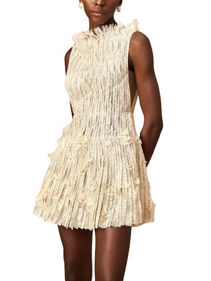 Lace and Mesh A-Line Mini Dress in Light Beige - Dresses