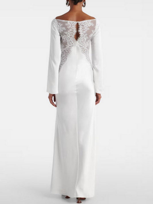 Lace and Satin Long-Sleeve White Gown - Dresses