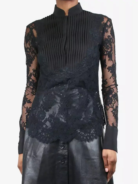Black Lace and Silk Pleated Shirt showcasing elegant design and luxurious texture