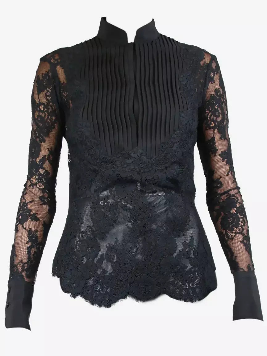 Black lace long-sleeved blouse from the Lace and Silk Pleated Shirt in Black collection