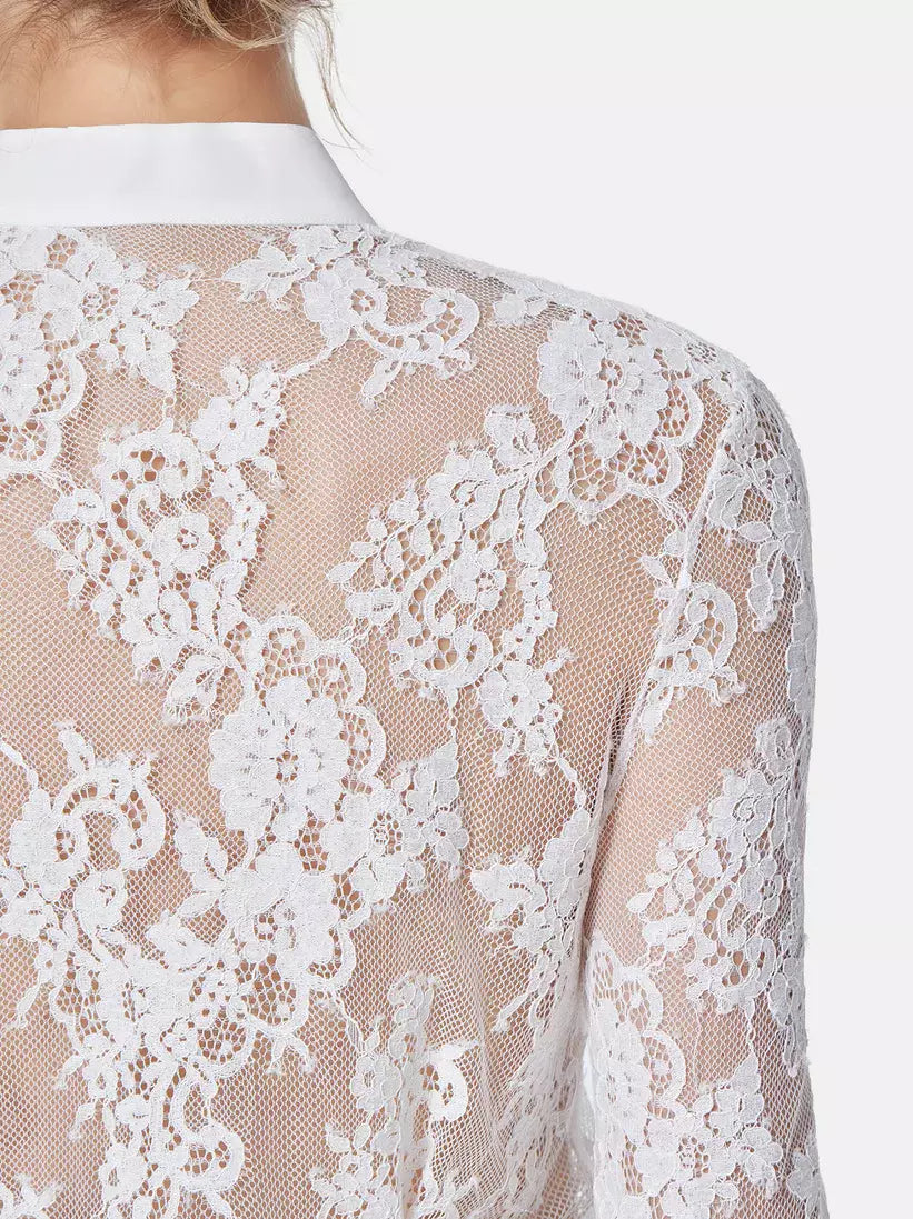 White Lace and Silk Pleated Shirt showcasing elegant design and stylish pleated details
