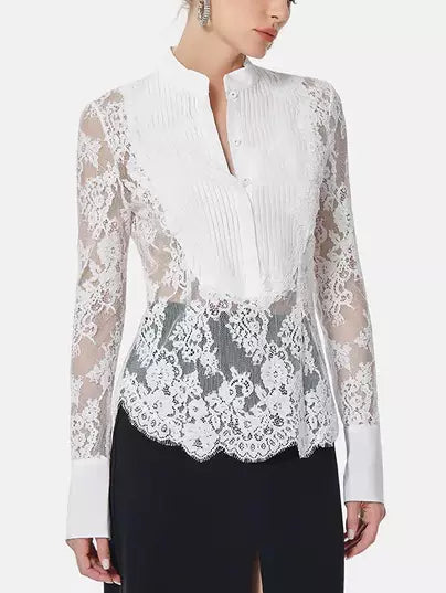 White Lace and Silk Pleated Shirt highlighting elegant design and luxurious fabric