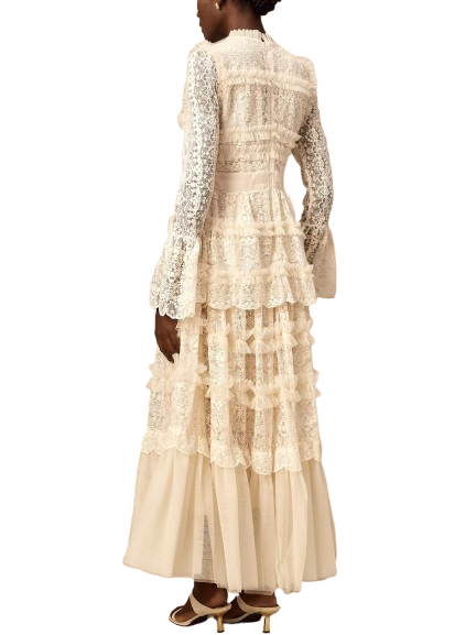 Lace and Tulle Paneled Ruffled Maxi Dress - Dresses