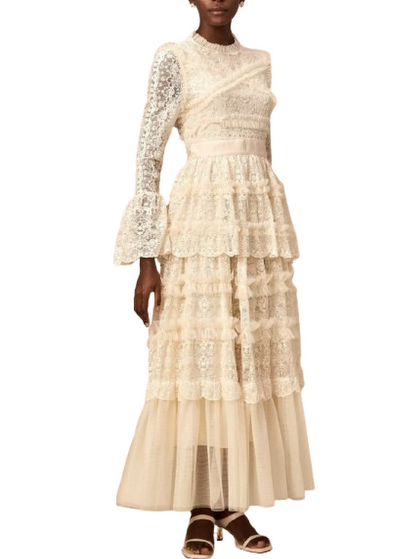 Lace and Tulle Paneled Ruffled Maxi Dress - Dresses