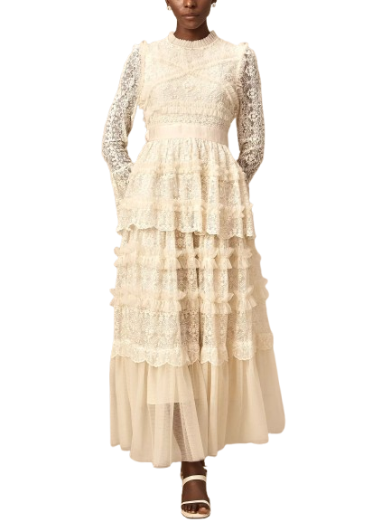 Lace and Tulle Paneled Ruffled Maxi Dress - Dresses
