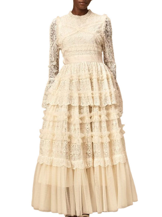 Lace and Tulle Paneled Ruffled Maxi Dress - Dresses