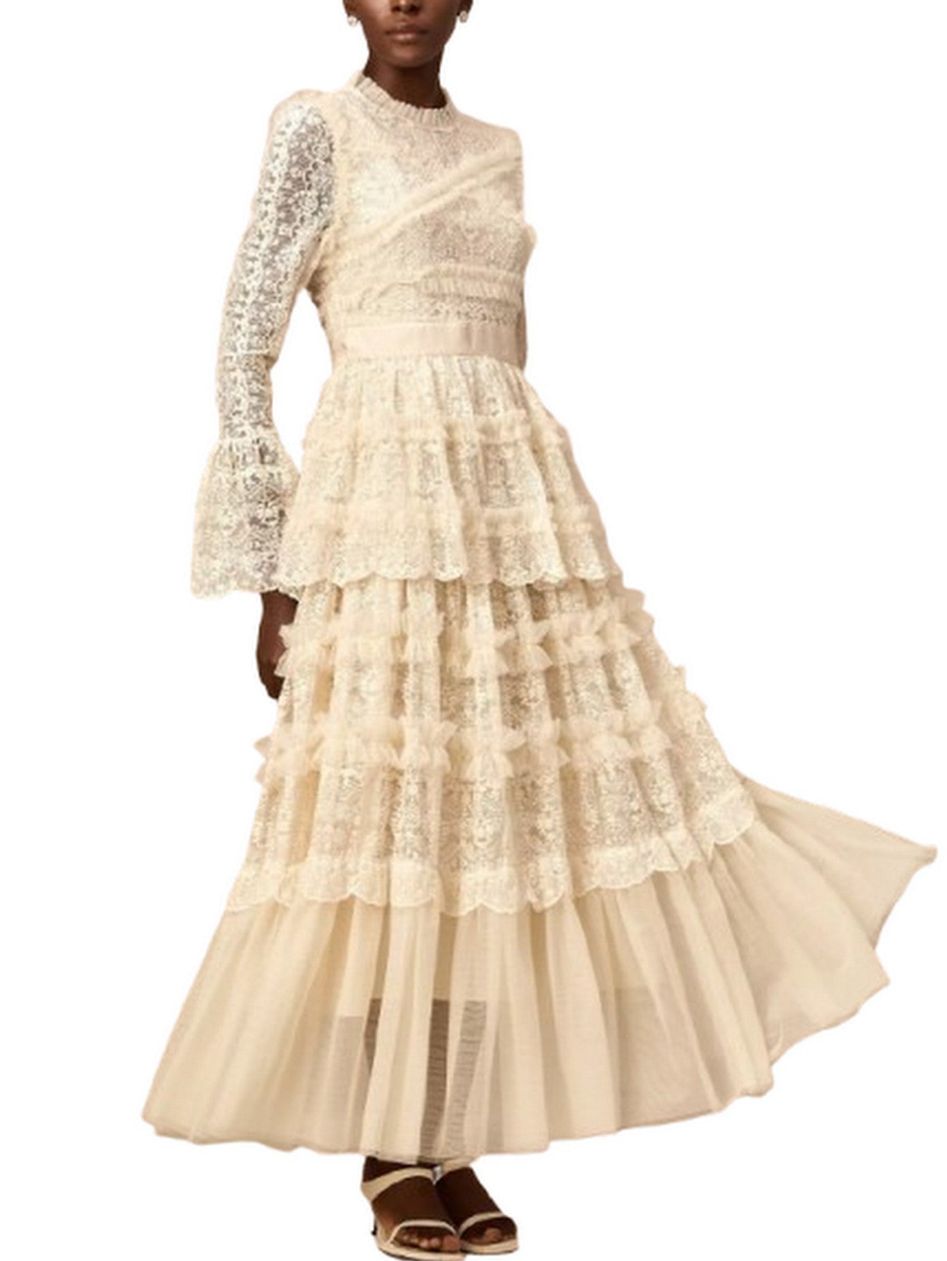 Lace and Tulle Paneled Ruffled Maxi Dress - Dresses