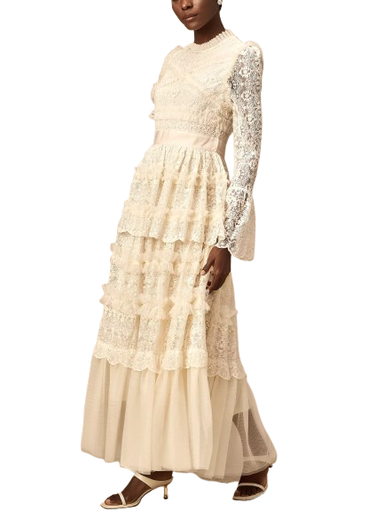 Lace and Tulle Paneled Ruffled Maxi Dress - Dresses