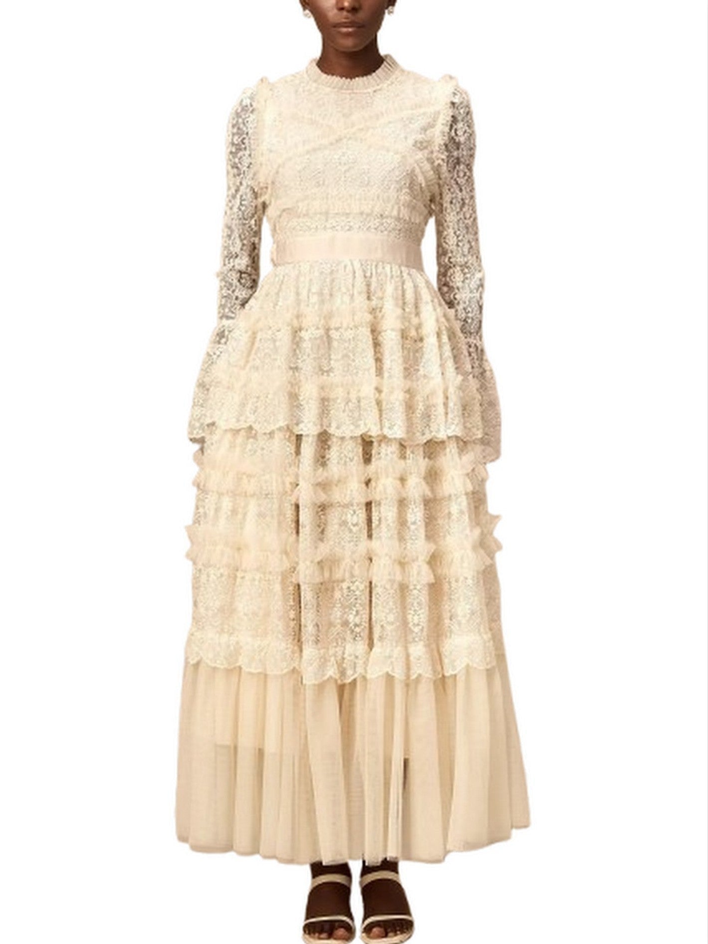 Lace and Tulle Paneled Ruffled Maxi Dress - Dresses