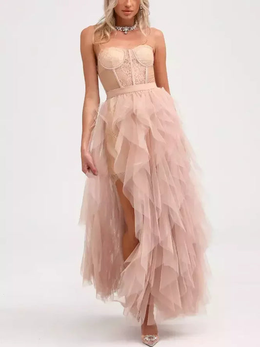 Lace Bustier Corset Tulle Layered Strapless Gown - Dresses