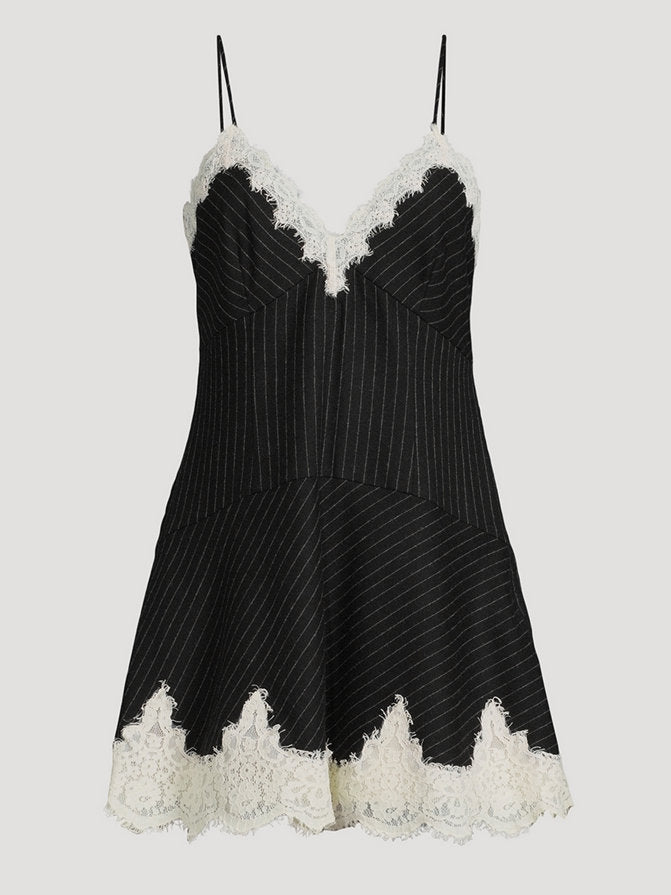 Black pinstripe cropped blazer and dress set featuring delicate lace trim detail