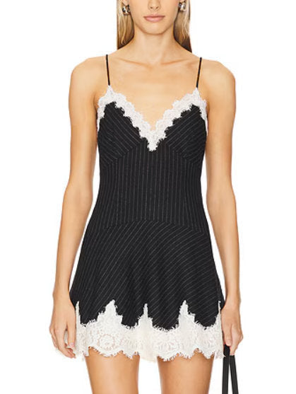 Black pinstripe mini dress with white lace trim from Lace-Detail Pinstripe Cropped Blazer set