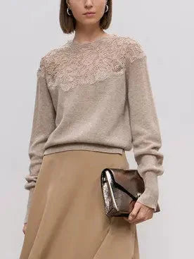 Lace Embroidered Cashmere Sweater in Beige - Sweaters & Knitwear