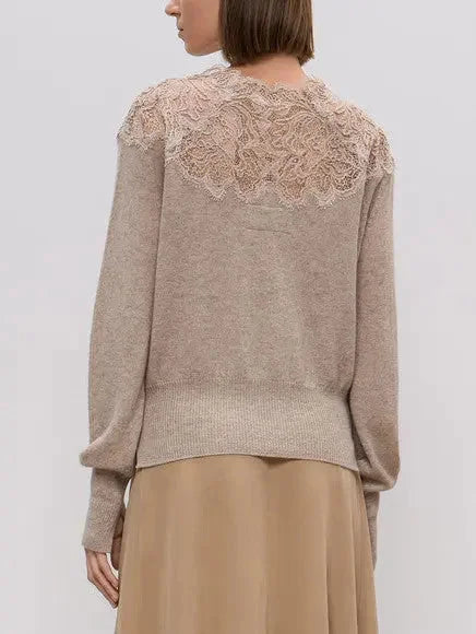 Lace Embroidered Cashmere Sweater in Beige - Sweaters & Knitwear