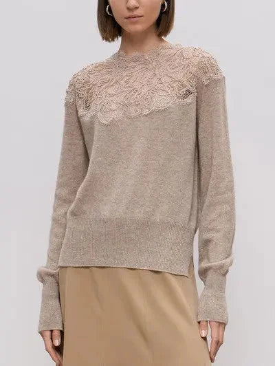 Lace Embroidered Cashmere Sweater in Beige - Sweaters & Knitwear