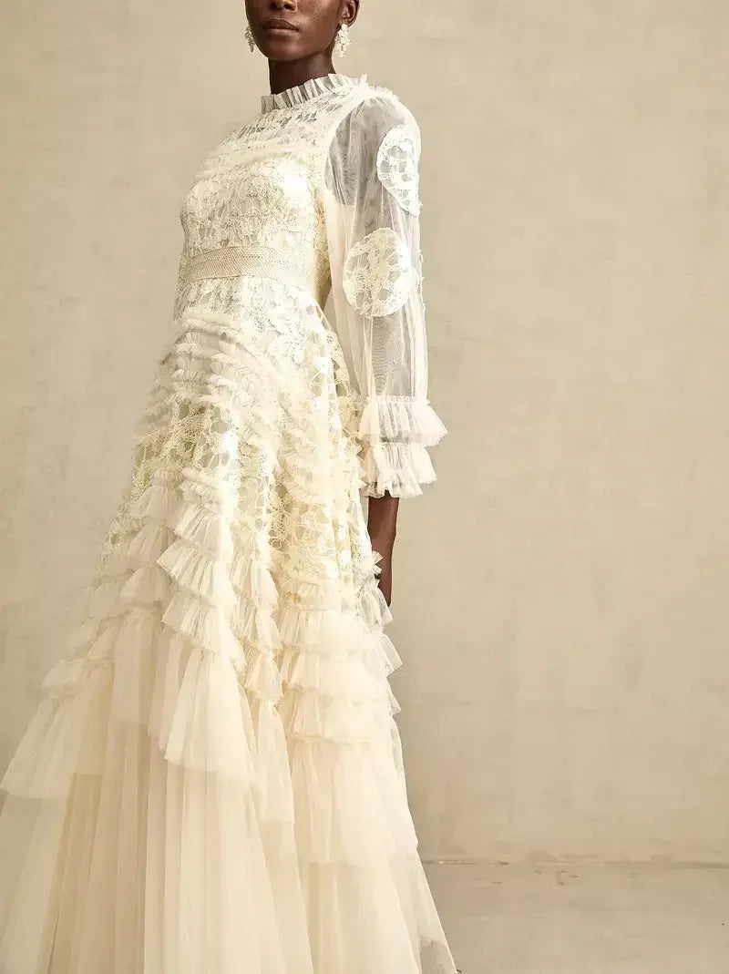 Lace-Embroidered Layered Tiered Maxi Dress - Dresses
