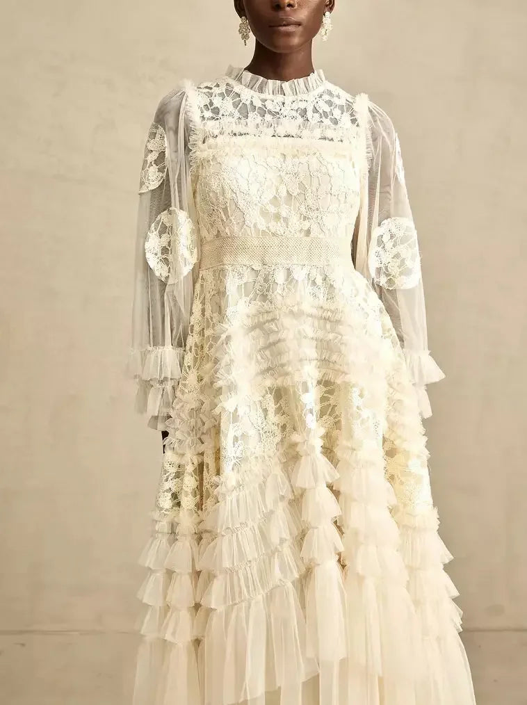 Lace-Embroidered Layered Tiered Maxi Dress - Dresses