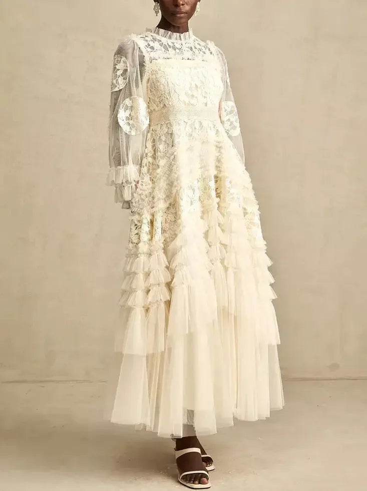 Lace-Embroidered Layered Tiered Maxi Dress - Dresses