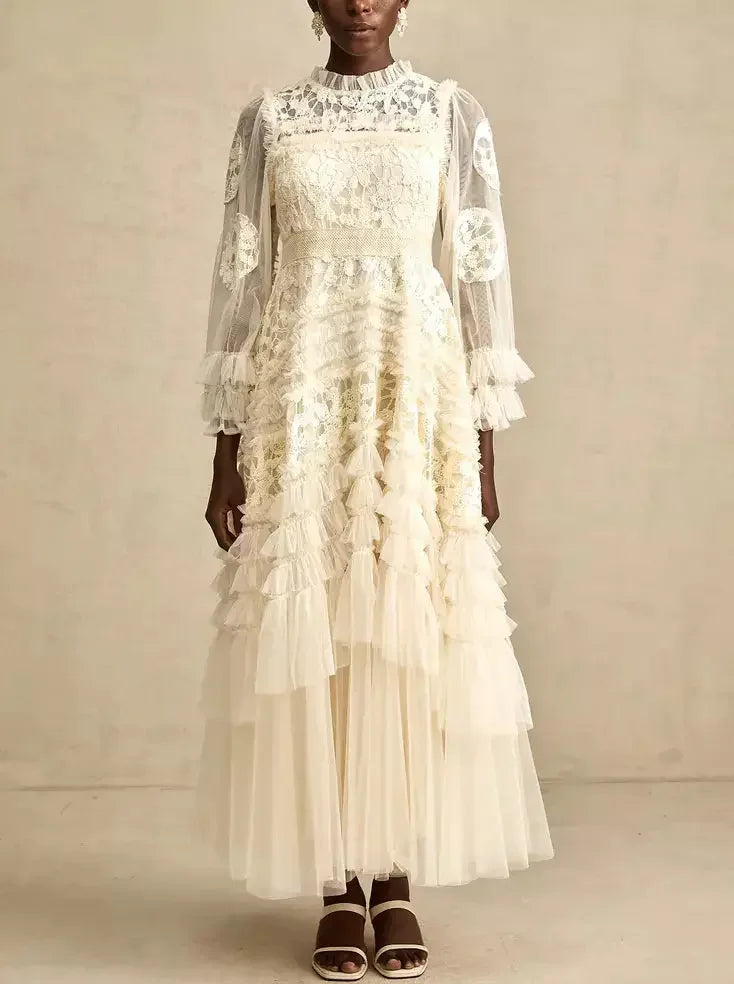 Lace-Embroidered Layered Tiered Maxi Dress - Dresses