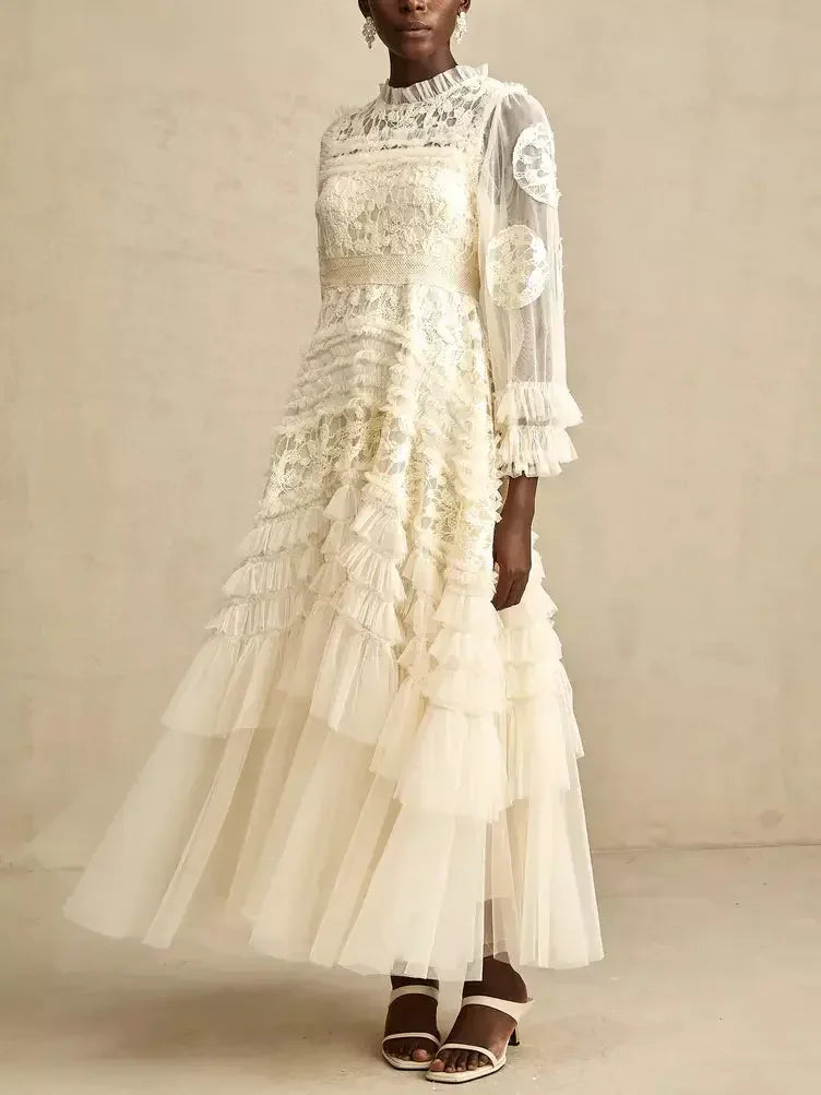 Lace-Embroidered Layered Tiered Maxi Dress - Dresses