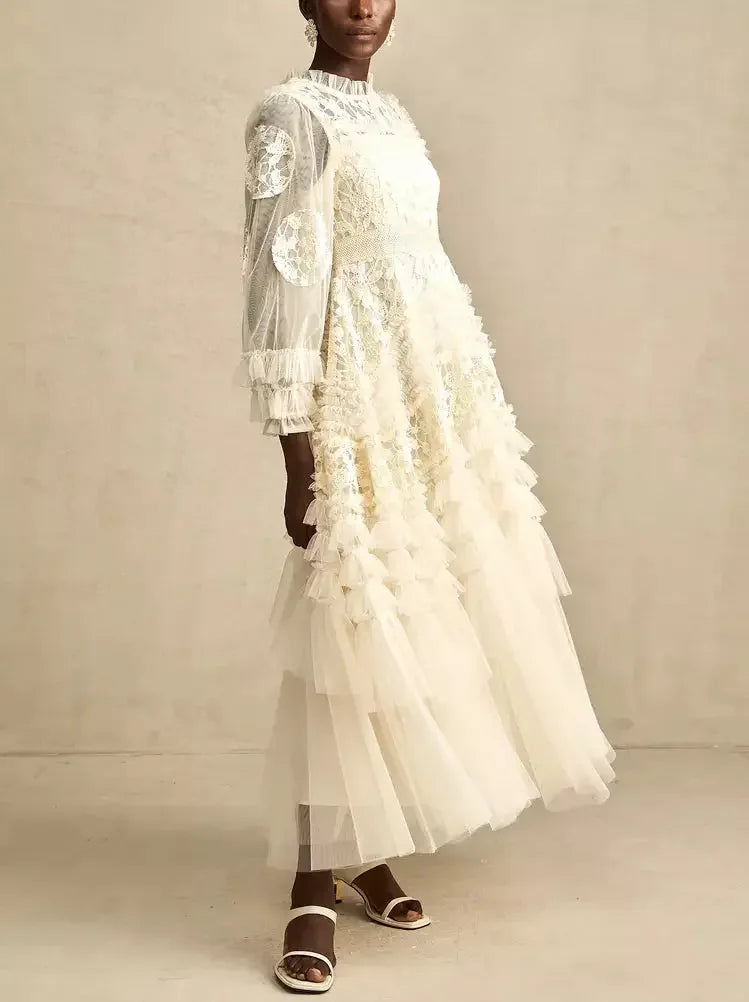 Lace-Embroidered Layered Tiered Maxi Dress - Dresses