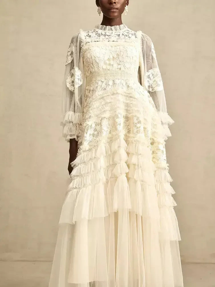 Lace-Embroidered Layered Tiered Maxi Dress - Dresses