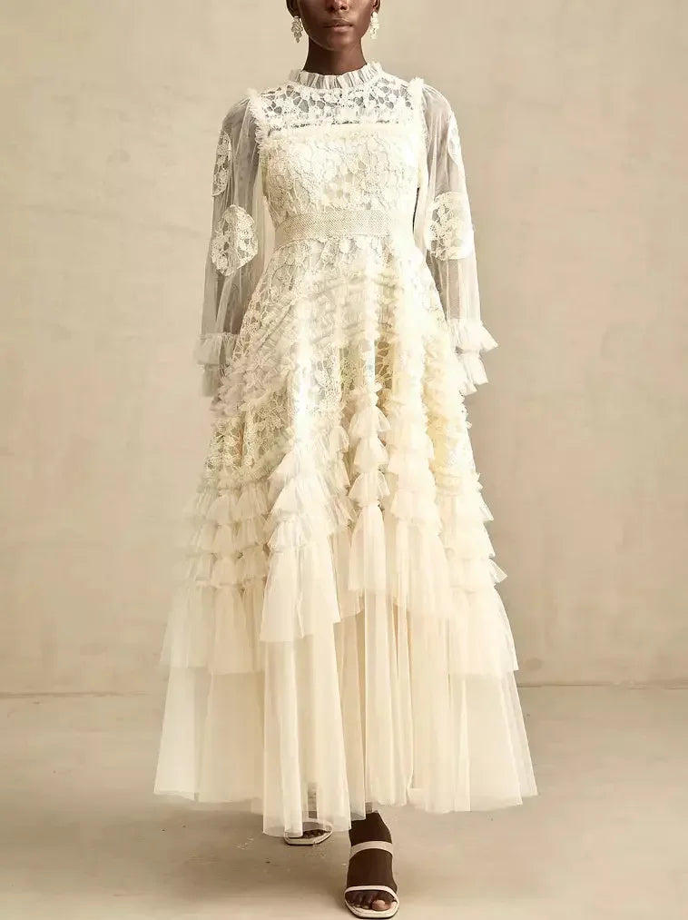 Lace-Embroidered Layered Tiered Maxi Dress - Dresses