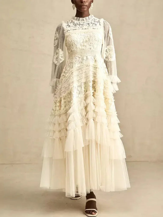 Lace-Embroidered Layered Tiered Maxi Dress - Dresses