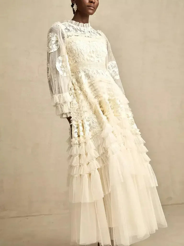 Lace-Embroidered Layered Tiered Maxi Dress - Dresses