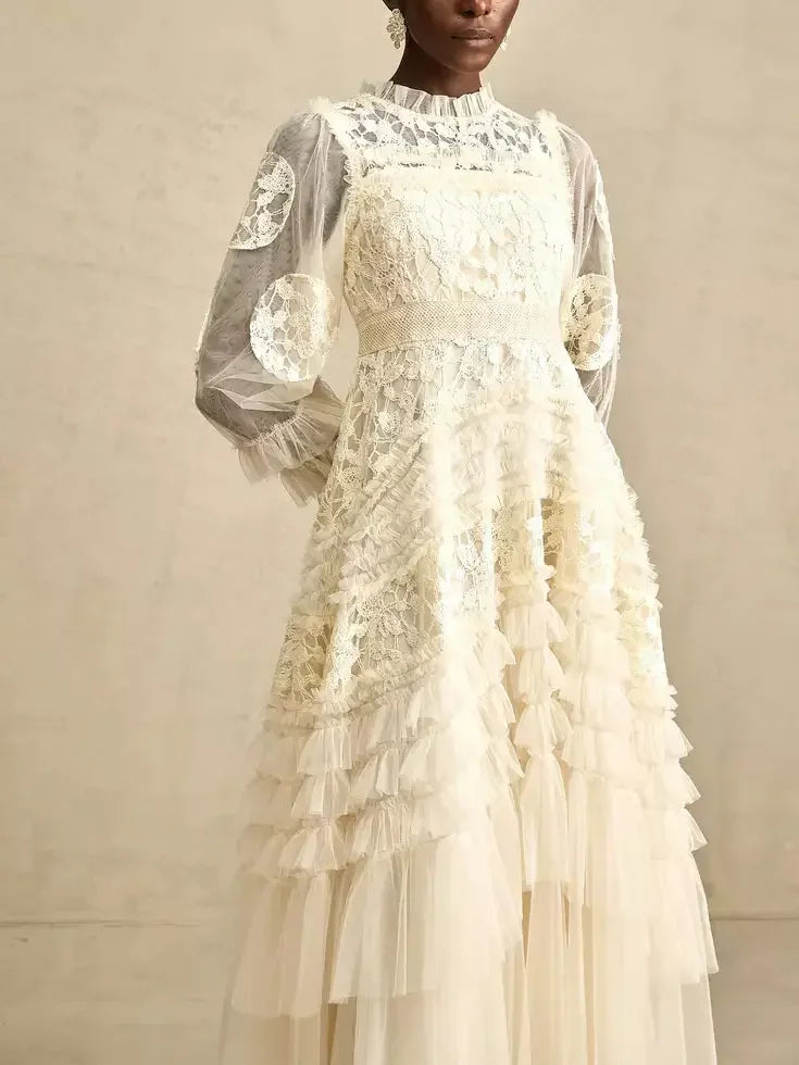 Lace-Embroidered Layered Tiered Maxi Dress - Dresses