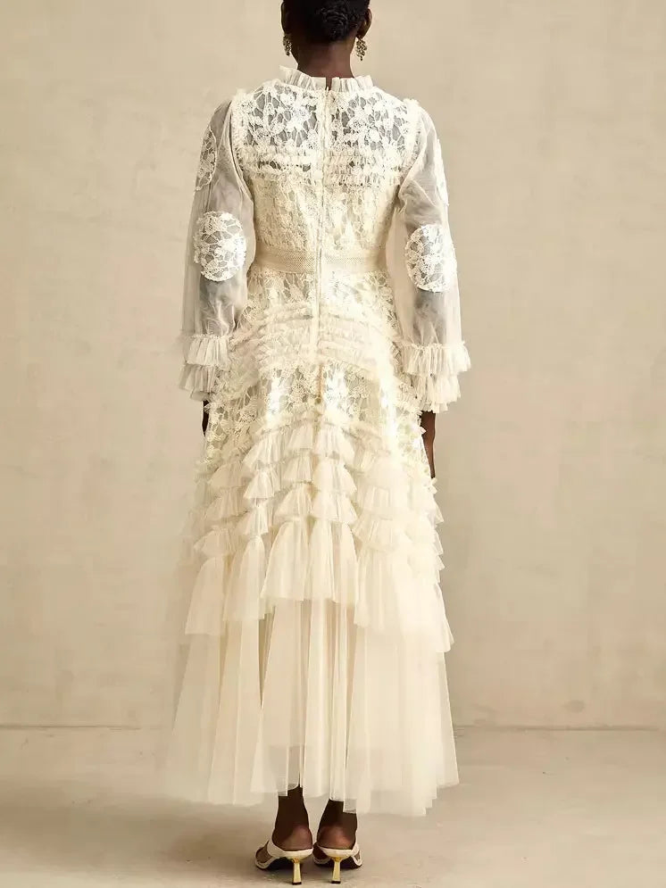 Lace-Embroidered Layered Tiered Maxi Dress - Dresses